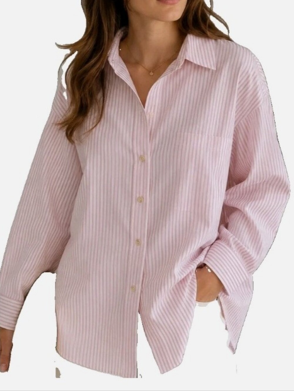 Pink and White Striped Button-Down Dress Shirt